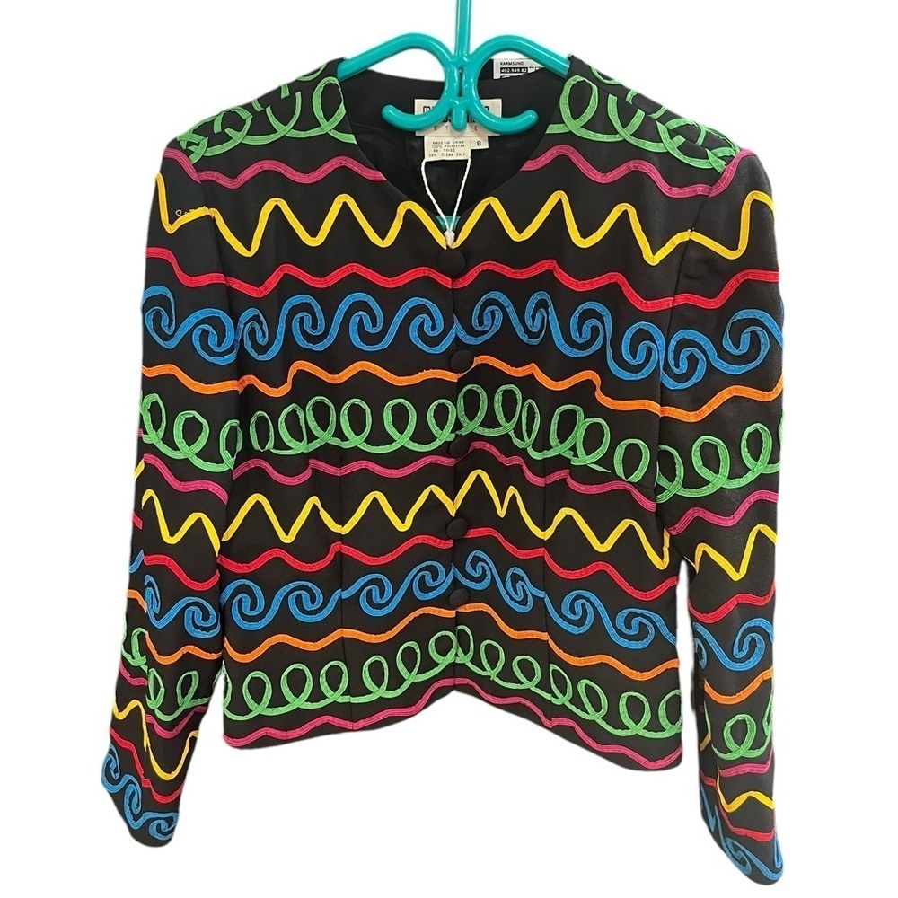 Maggy London Blazer Jacket Colorful Art-to-Wear Funky Graphic All Over Pattern